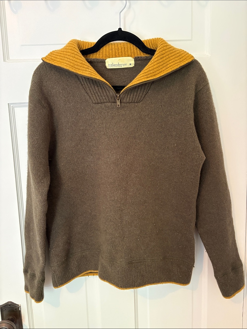 Irelandseye Men's Brown Zip Sweater with Mustard Trim